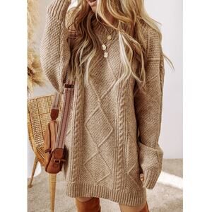 Cozy Solid Cable Knit Oversized Sweater Dress- Drop Shoulder Loose Fit Sweater
